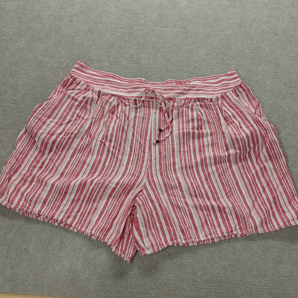 Terra & Sky Red Vertical Stripe Elastic Waist Womens 1X 16/18 Linen Shorts Beach